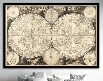 Vintage 1850 Celestial Map "Planisphaerium Coeleste" - Old Constellation Astronomy Chart -  | Old Star Chart Zodiac Poster Print |