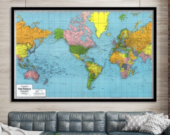 Vintage 1942 World Map - Standard Map of the World on Mercator's Projection  | Vintage Wall Art Map Poster Print - Canvas Map |