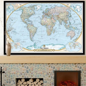 National Geographic politieke wereldkaart 125-jarig jubileumeditie - | Natgeo wereldmuurkaart posterafdruk - blauwe oceaan - kleurrijk | Canvas