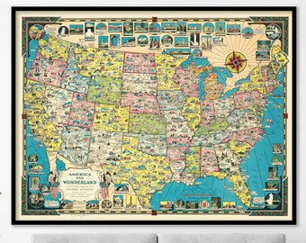 Vintage 1941 United States Pictorial Map Print "America the Wonderland" Illustrated by Ernest Chase | Vintage Wall Art Old USA Map Poster |