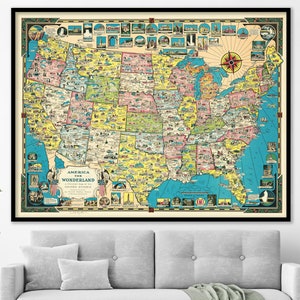 Vintage 1941 USA Bildliche Karte Druck "America the Wonderland" Illustriert von Ernest Chase | Vintage Kunst Alte USA Karte Poster |