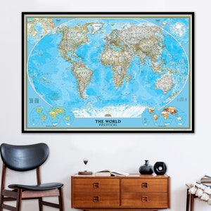 National Geographic Classic Blue Ocean Political World Map - | Plakat z mapą ścienną Natgeo World | Spersonalizowana mapa świata