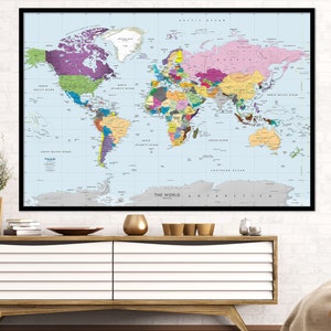 Mapa mural mundial colorido - / Impresión de póster de mapa mural político mundial grande - Etiquetado simple / Lienzo de mapa mundial o impresión de bellas artes en papel