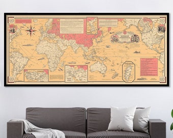 Vintage 1950 World Freedom Map - Old Pictorial World Map Print Illustrated by Ernest Dudley Chase - | Vintage Wall Art Map Poster - Sepia |