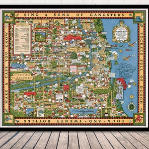 Carte de Chicago Gangland - carte illustrée vintage de 1931 par Bruce Roberts | Art mural, carte, toile vintage - Impression sur papier d'archives