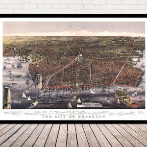 Brooklyn New York 1879 Panoramaausblick - Alte Landkarte aus der Vogelperspektive - Perspektivkarte | Vintage Wall Art Map Druck auf Leinwand - Archivpapier