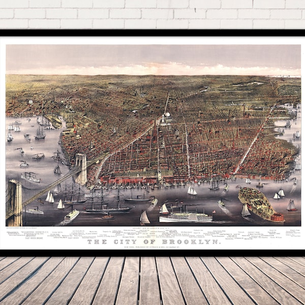 Brooklyn New York 1879 Panoramic View - Old Bird's-eye Antique Map - Perspective Map | Vintage Wall Art Map Canvas - Archive Paper Print