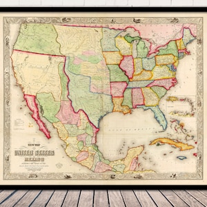 USA & Mexiko 1847 Antike Karte Reproduktion, Fine Art Print | Alte Landkarte der USA Vintage Landkarte - Archivpapier Druck |