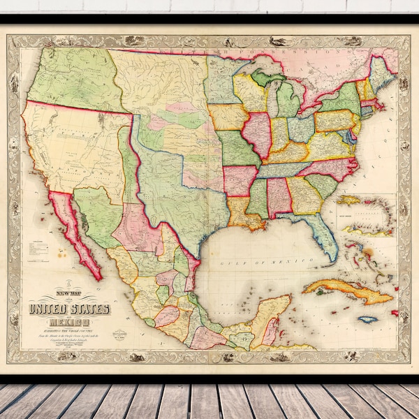 United States & Mexico 1847 Antique Map Reproduction Fine Art Print | Old USA Map Vintage Wall Art Map Canvas - Archive Paper Print |