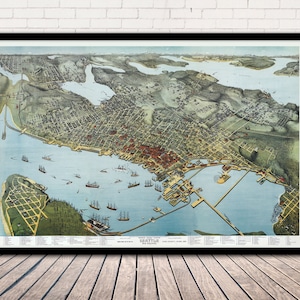 “Seattle Washington 1891” Panoramaausblick – Alte Landkarte aus der Vogelperspektive – Perspektiven Karte | Vintage Wall Art Map Druck auf Leinwand - Archivpapier