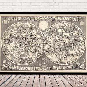 Antike 1687 Himmelskarte "Planisfero del Globo Celeste" - Alte Sternbild-Astronomie-Karte | Alte Sternkarte Sternzeichen Print | Vintage Leinwand