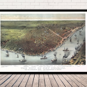 New Orleans Louisiana 1885 Panoramaaussicht - Alte Antike Landkarte aus der Vogelperspektive - Perspektivenkarte | Vintage Wall Art Map Druck auf Leinwand - Archivpapier