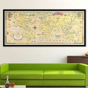 Mapa del mundo antiguo de 1944 con historia del transporte y las comunicaciones - Mapa del mundo antiguo ilustrado con océano beige - Póster de mapa de arte de pared antiguo /