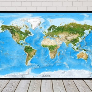 Verbeterde muurkaart met satellietafbeeldingen | Grote wereldkaart posterprint - gearceerde reliëf fysieke wereldkaart | Canvaskunstdruk wereldkaart
