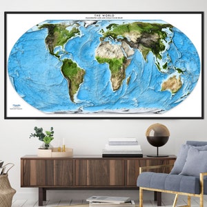 Equal Earth Wereld overdreven reliëf versterkt satellietbeeld muurkaart - topografische wereldkaart | Fysieke muurkaart canvasafdruk
