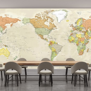 Welt antike Ozeankarte Wandbild - Amerikas zentrierte Karte - abnehmbare Peel & Stick Tapete Karte - riesige beige Weltkarte | Kundenspezifische Größen