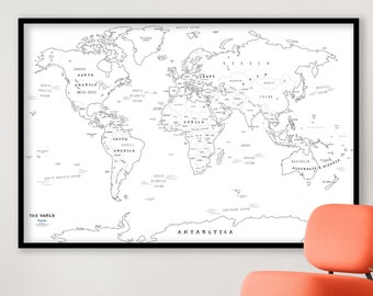 Carte du monde en couleur - grande carte à colorier - sticker mural amovible - carte du monde contour style dessiné main - carte du monde personnalisée