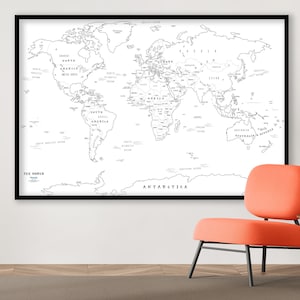 Mapa mundial para colorear - Mapa grande para colorear - Adhesivo de pared extraíble - Mapa mundial de contorno dibujado a mano - Mapa mundial personalizado