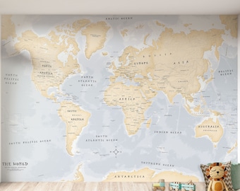 Neutral Color Kid's World Map Wallpaper Mural - Peel & Stick Removable Wallpaper Map for Kid's Room | - Custom Size Child's World Map