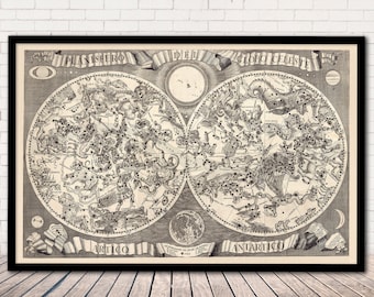 Antique 1687 Celestial Map "Planisfero del Globo Celeste" - Old Constellation Astronomy Chart | Old Star Chart Zodiac Print | Vintage Canvas