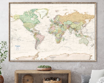 Impresión clásica del cartel del mapa de la pared del mundo personalizado del océano beige - estilo antiguo con relieve sombreado del terreno / mapa del mundo, lienzo grande