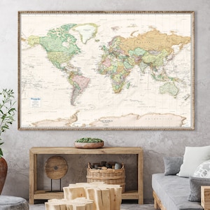 Classic Beige Ocean Personalized World Wall Map Poster Print - Antique Style w/ Terrain Shaded Relief | World Map, Large Canvas