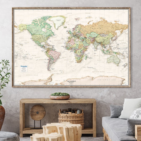 Classic Beige Ocean Personalized World Wall Map Poster Print - Antique Style w/ Terrain Shaded Relief | World Map, Large Canvas