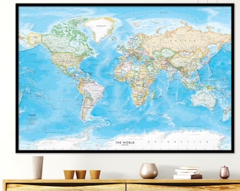 World Wall Map Personalized Map Gift - Blue Ocean Political World Map | Large Map Poster or Canvas - Giant Colorful World | Giclee Art Print