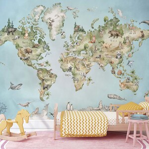Watercolor World Map Mural Illustrated Animals of the World with Blue Oceans - Peel & Stick Removable Wallpaper Map for Kid's Room