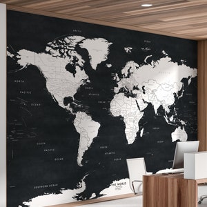 Sticker wereldkaart - behang wereldkaart - zwart-wit wereldkaart - Peel & Stick-stof - eenvoudige installatie en verwijdering