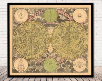 Antique 1690 Celestial Map "Planisphaerium Caeleste" - Old Constellation Astronomy Chart | Old Star Chart Zodiac Print | Vintage Canvas