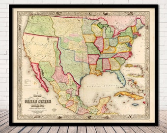 United States & Mexico 1847 Antique Map Reproduction Fine Art Print | Old USA Map Vintage Wall Art Map Canvas - Archive Paper Print |