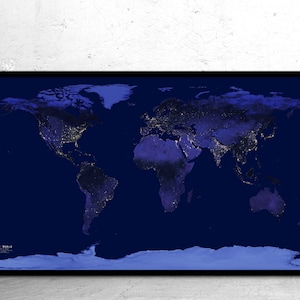Dark Earth at Night Satellitenbild Karte – NASA Lichter der Stadt | Großes Nachtzeit Weltkarte Poster Druck- | Weltkarte Kunstdruck auf Leinwand