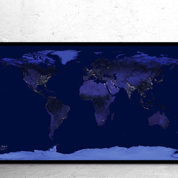 Dark Earth at Night Satellite Image Wall Map - NASA City Lights | Large Night Time World Map Poster Print - | World Map Canvas Art Print