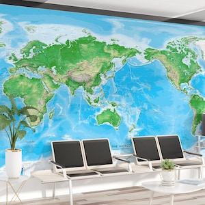 Murale topographique géante du monde centrée sur l'océan Pacifique - Papier peint amovible | Grande carte murale autocollante | Options de taille personnalisées