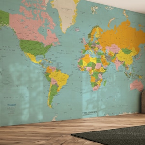 Classic Colors World Political Map Wall Mural - Vintage Style World Map Wallpaper - Peel & Stick Fabric - Removable Wallpaper - Large Map