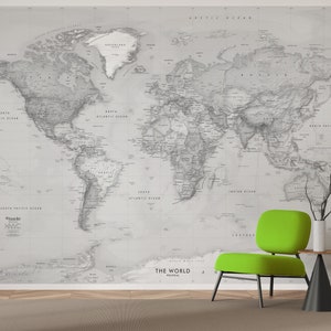 Mural de parede de mapa-múndi do tamanho de uma parede - Mapa do mundo removível - Adesivo enorme de descascar e colar - Arte de parede de mapa em tons de cinza preto e branco