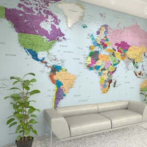 Mural gigante de pared con mapa del mundo a todo color - Papel tapiz extraíble - Mapa del mundo - Mapa de tela enorme autoadhesivo - Etiquetado detallado