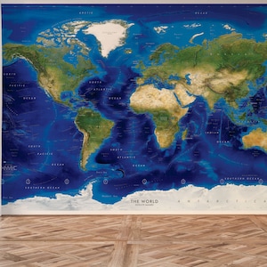 Muurschildering wereldkaart - Satellietbeelden - Verwisselbare achtergrondkaart - Enorme Peel & Stick - Wereldkaart gigantische donkerblauwe oceanen | Aangepaste formaten