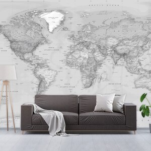 Wall Sized World Map Wall Mural - Removable Wallpaper Map of the World - Huge Peel & Stick Decal - Black and White Grayscale Map Wall Art