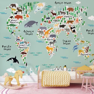 Tiere der Welt Kinder Wandbild Karte Wandbild - Wiederablösbares Wandbild Spielzimmer Dekor - Selbstklebendes Stoff Wandtattoo für Kinder