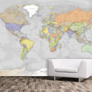 World Map Decal - World Map Mural - Detailed Gray Oceans - World Map Wall Art - Peel & Stick Fabric, Removable Wallpaper Wall Decal