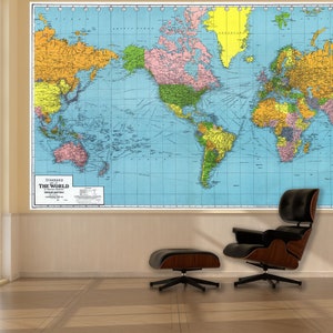 Vintage 1942 World Map Mural - World Map Removable Wallpaper| Peel & Stick Fabric - Custom Size Wallpaper Mural - Giant World Map Wall Decal