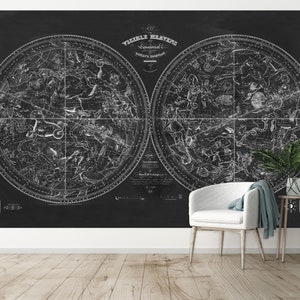 Vintage 1840 Himmelskugeln Wandbild - ablösbare Tapete - Peel & Stick - altes Sternbild Sternbild Karte Wandtattoo | Weiß auf Schwarz |