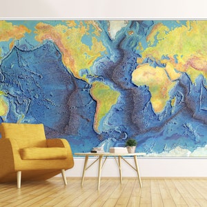 Vintage wereldkaart oceaanbodem muur muurschildering - verwisselbaar behang wereldkaart | Enorme Peel & Stick-sticker | Bathymetrische kaart Heezen en Tharp 1977
