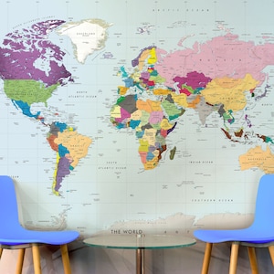 World Map Wall Art - Colorful World Map Mural - Removable Wallpaper Map of the World - Peel & Stick Fabric Wall Map Decal