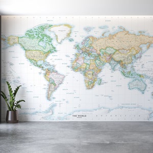 Mural de mapa mundial de fondo de pantalla extraíble - Calcomanía de pared de mapa gigante - Mapa mundial político detallado - Mapa de pared de tela Peel & Stick del mundo