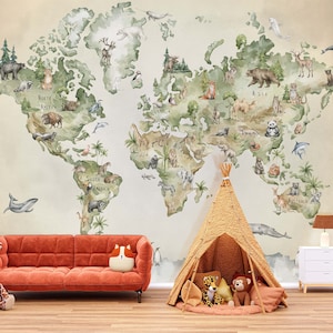 Wasserfarben Weltkarte Wandbild Illustrierte Tiere der Welt mit Beige Ozean - Abnehmbare Tapetenkarte für Kinderzimmer
