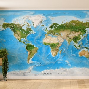 Aangepaste muurschildering wereldkaart met satellietbeelden - Peel & Stick, personaliseerbare muurkunst