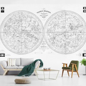 Vintage 1840 Celestial Spheres Wall Mural - Papel pintado removible - Peel & Stick - Old Zodiac Constellation Chart Wall Decal /Black on White/
